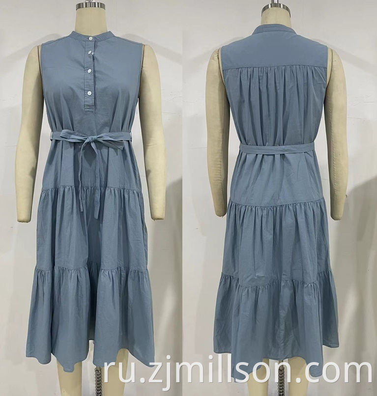 Sleeveless Waist Strap Pleated Design Shirt Dress